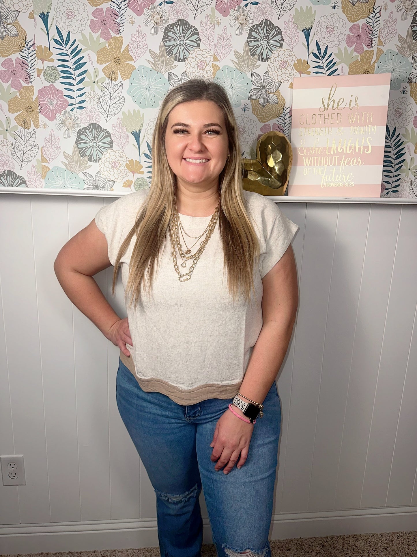 Tan & Brown Linen Top