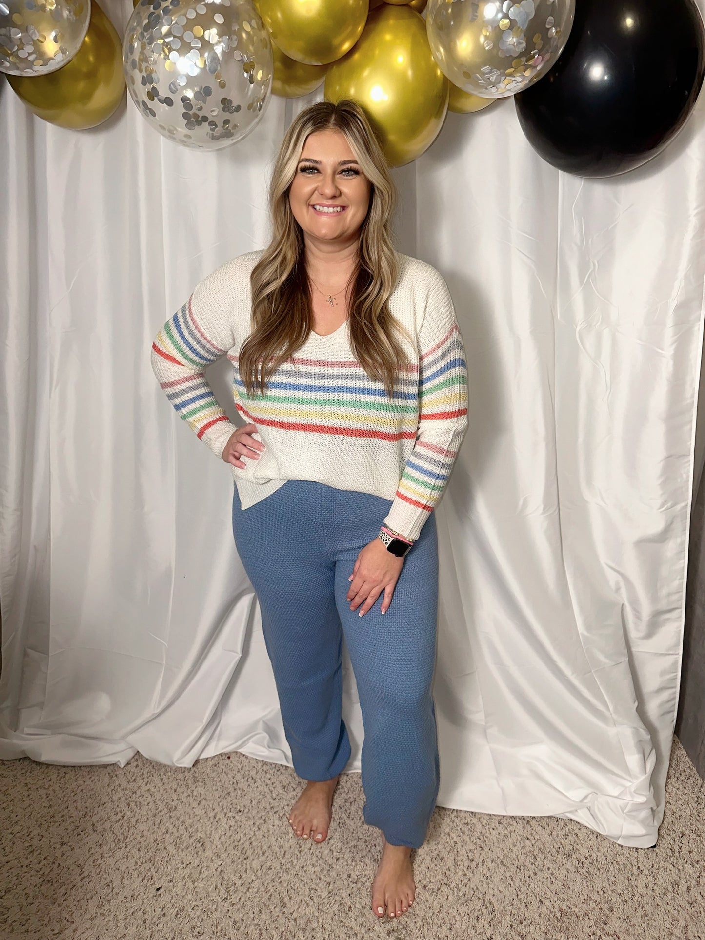 Ivory & Multi Colored Striped Sweater