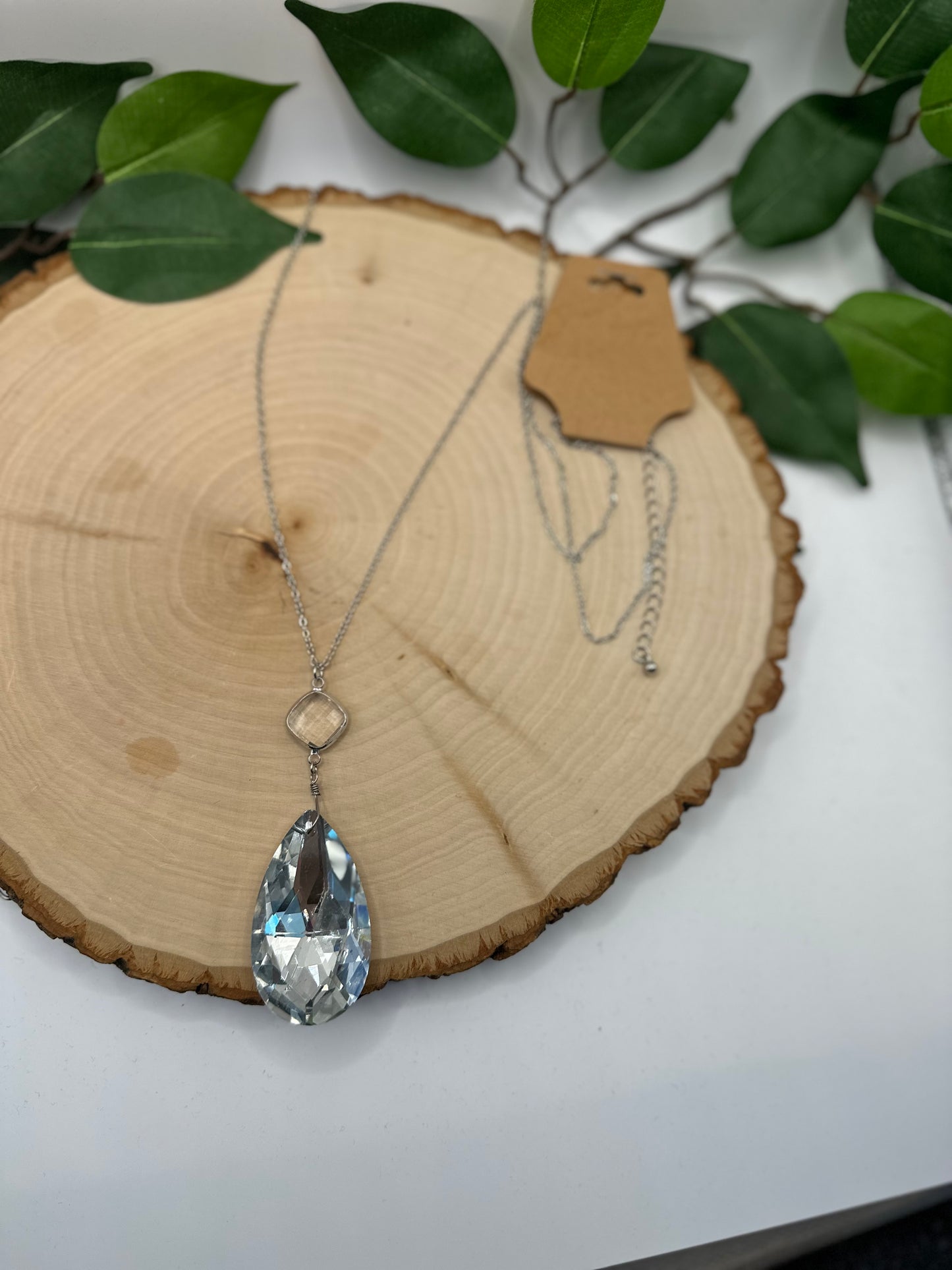 Tear Drop Stone Silver long Necklace