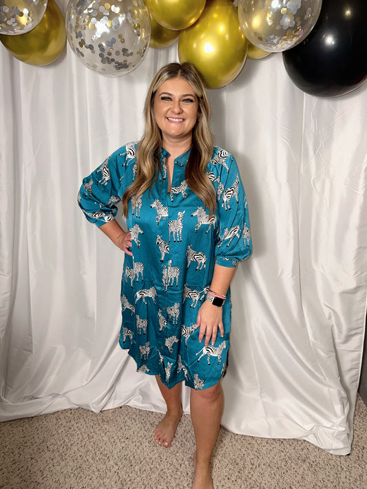 Teal Zebra Satin Button Up Dress/ Duster